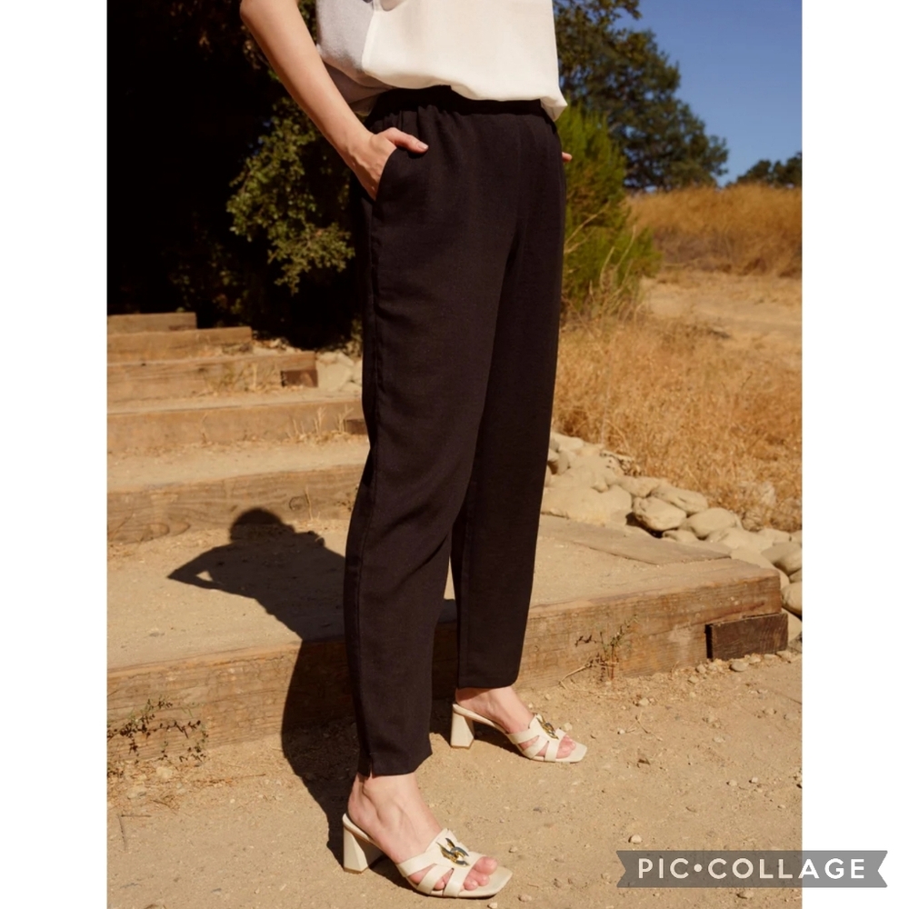 Fridaze Flat Front Tapered Leg Linen Solid Black Lagenlook Pants Elastic Waist